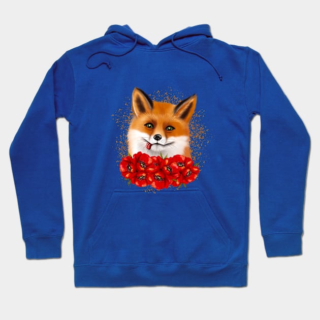 Cute fox face with red poppies Hoodie by Galinka Kro